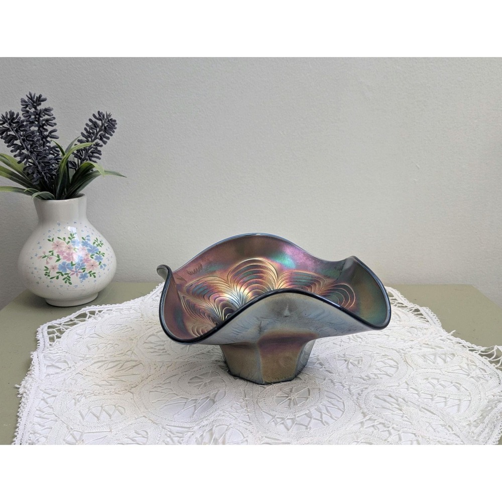 Vintage Carnival Glass Bowl, Iridescent Ruffled Edge Dish, 6 Inch Decorative